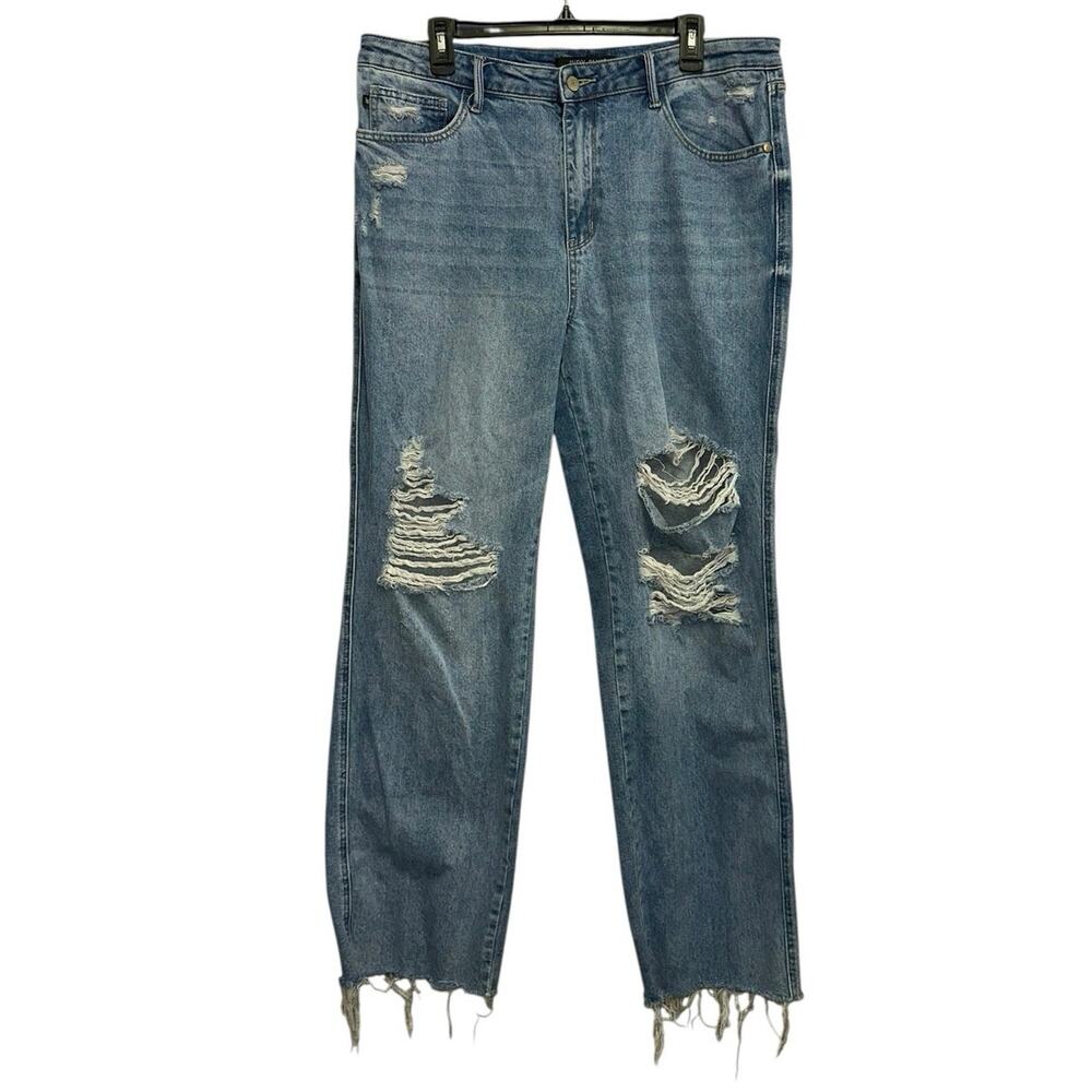 Judy Blue 90s Straight Jeans Distressed Raw Hem‎ Size 15/32 High Rise Denim
